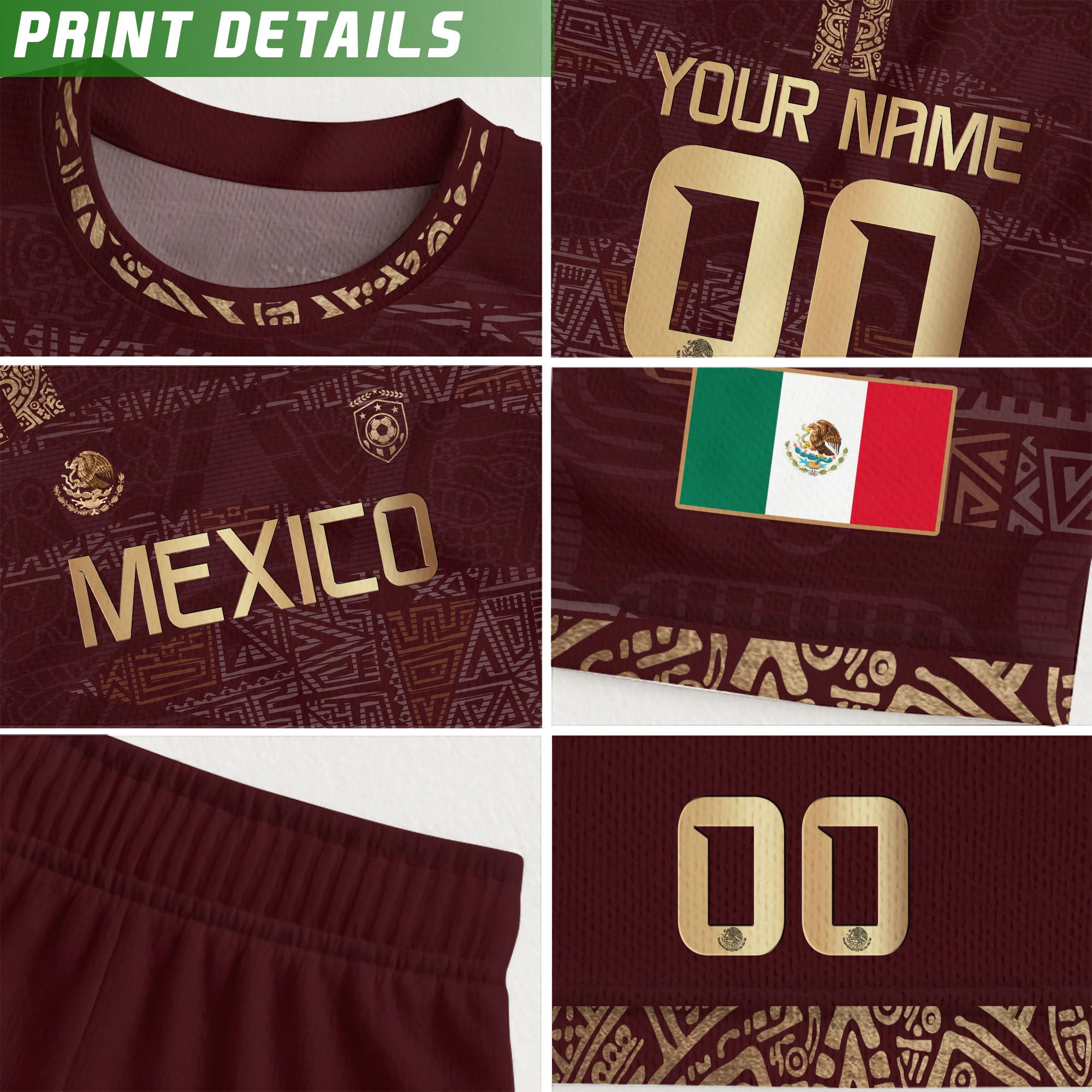 Custom Mexico Kids Soccer Jersey Burgundy Gold Team Edition with Aztec Pattern Design