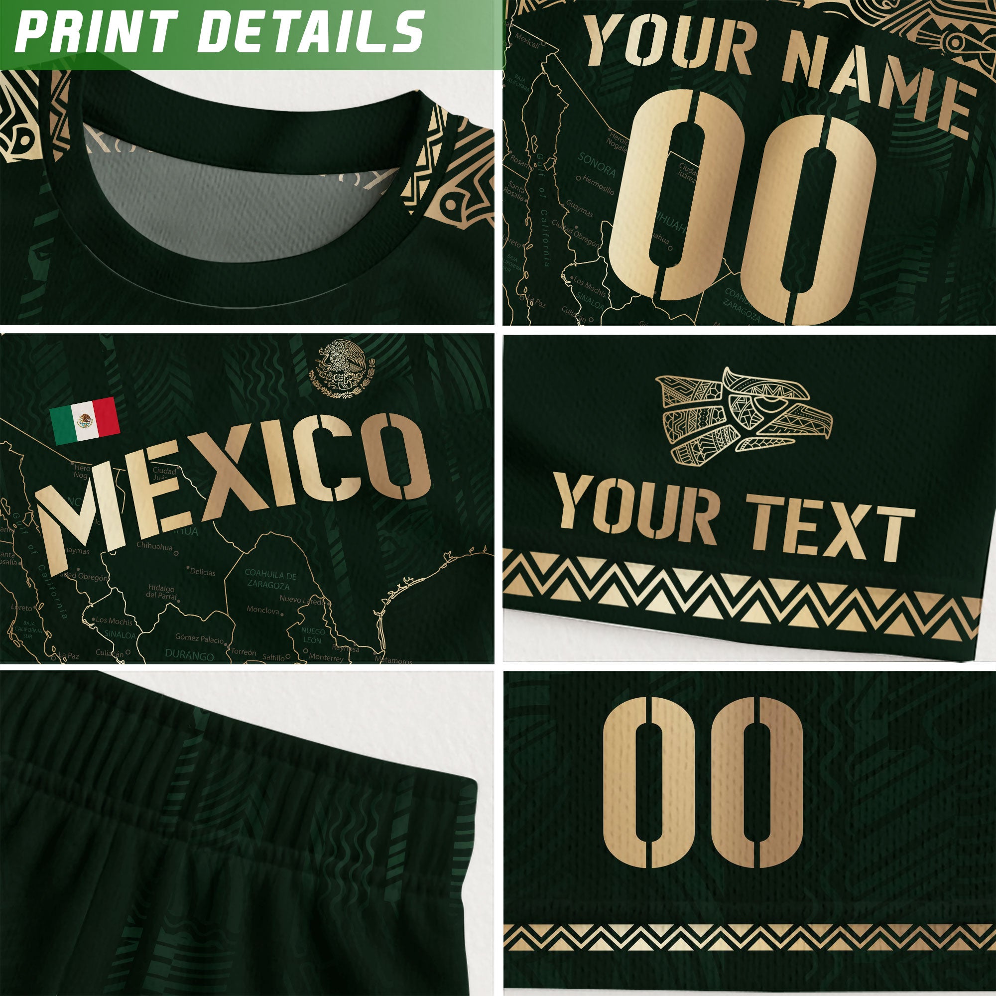 Custom Mexico Kids Soccer Jersey Green Gold Heritage Map Design