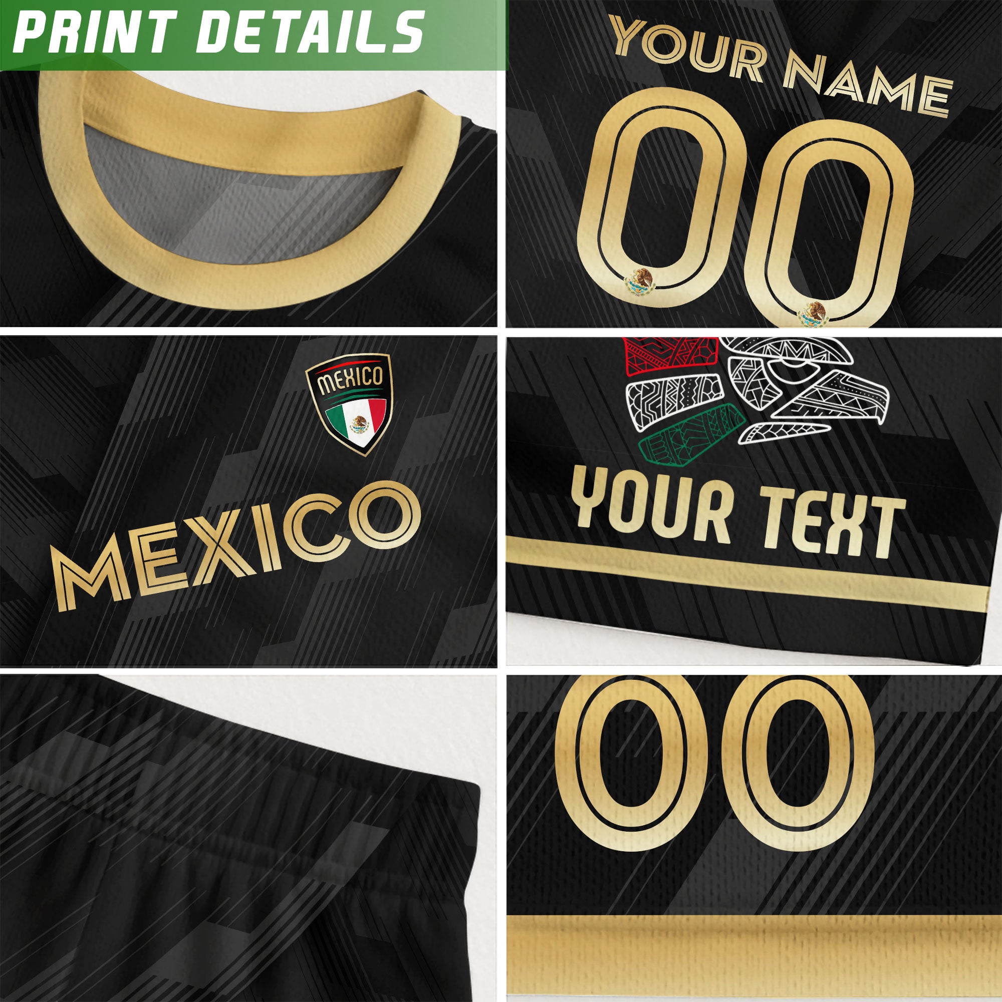 Custom Mexico Kids Soccer Jersey Black Gold Classic Design