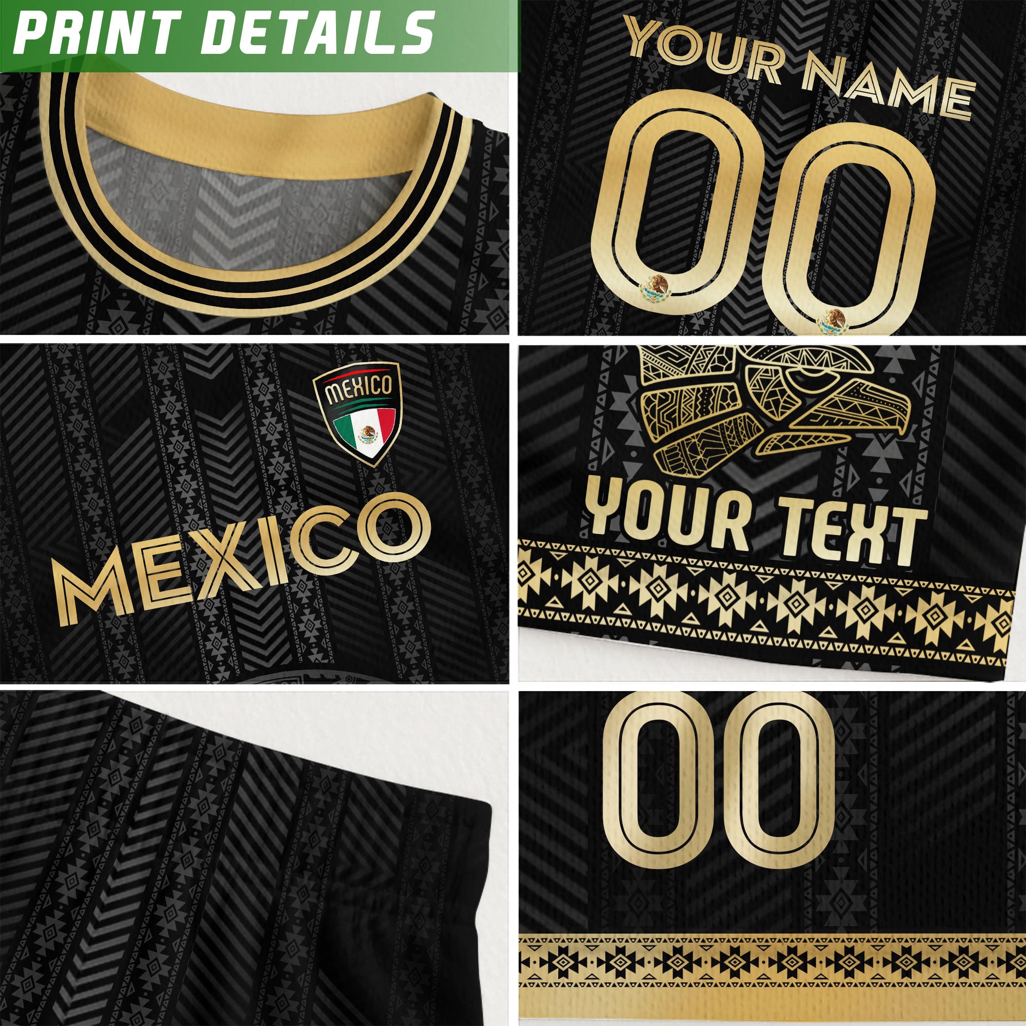 Custom Mexico Kids Soccer Jersey Black Gold Aztec Calendar Design
