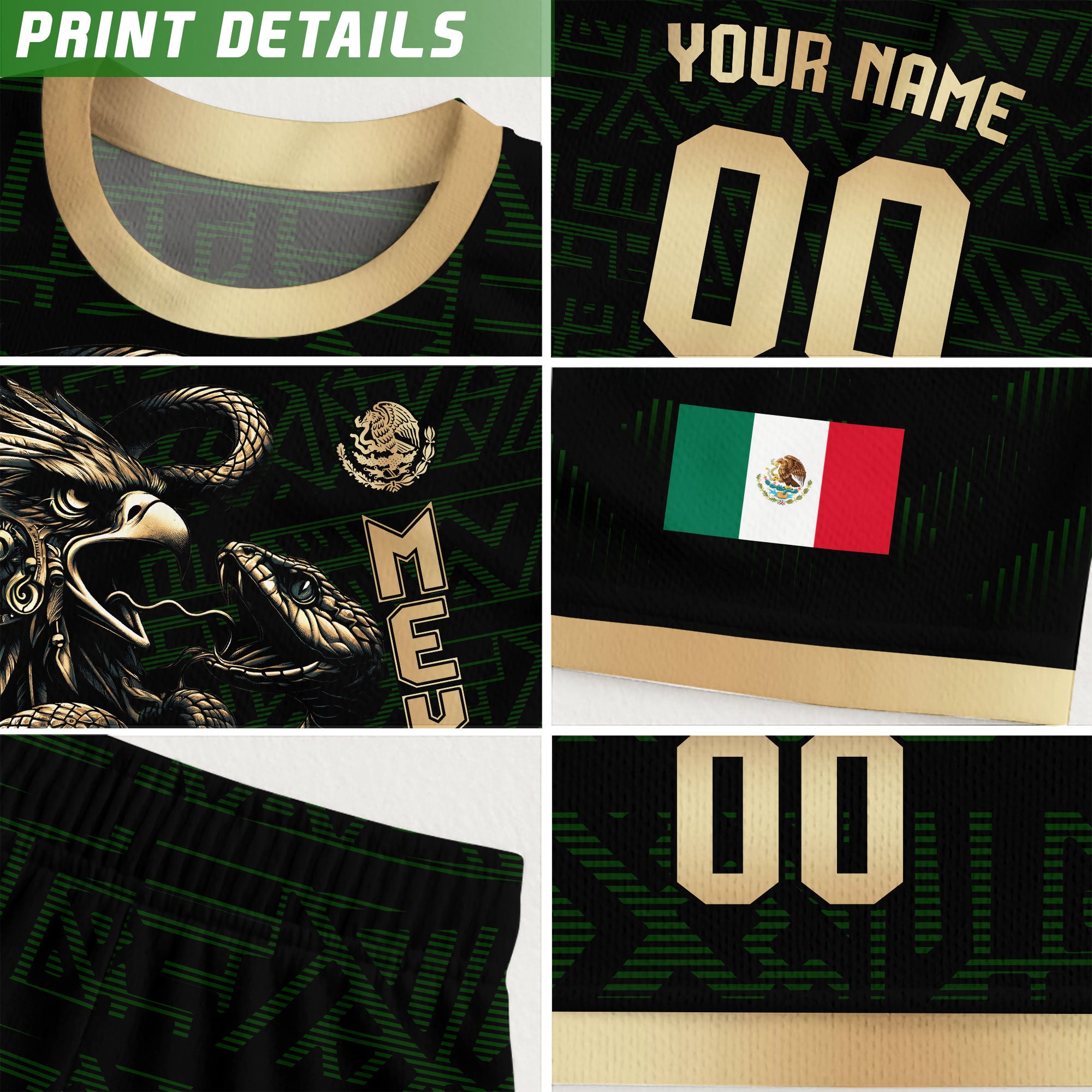 Custom Mexico Kids Soccer Jersey Black Gold Aztec Eagle & Serpent Design