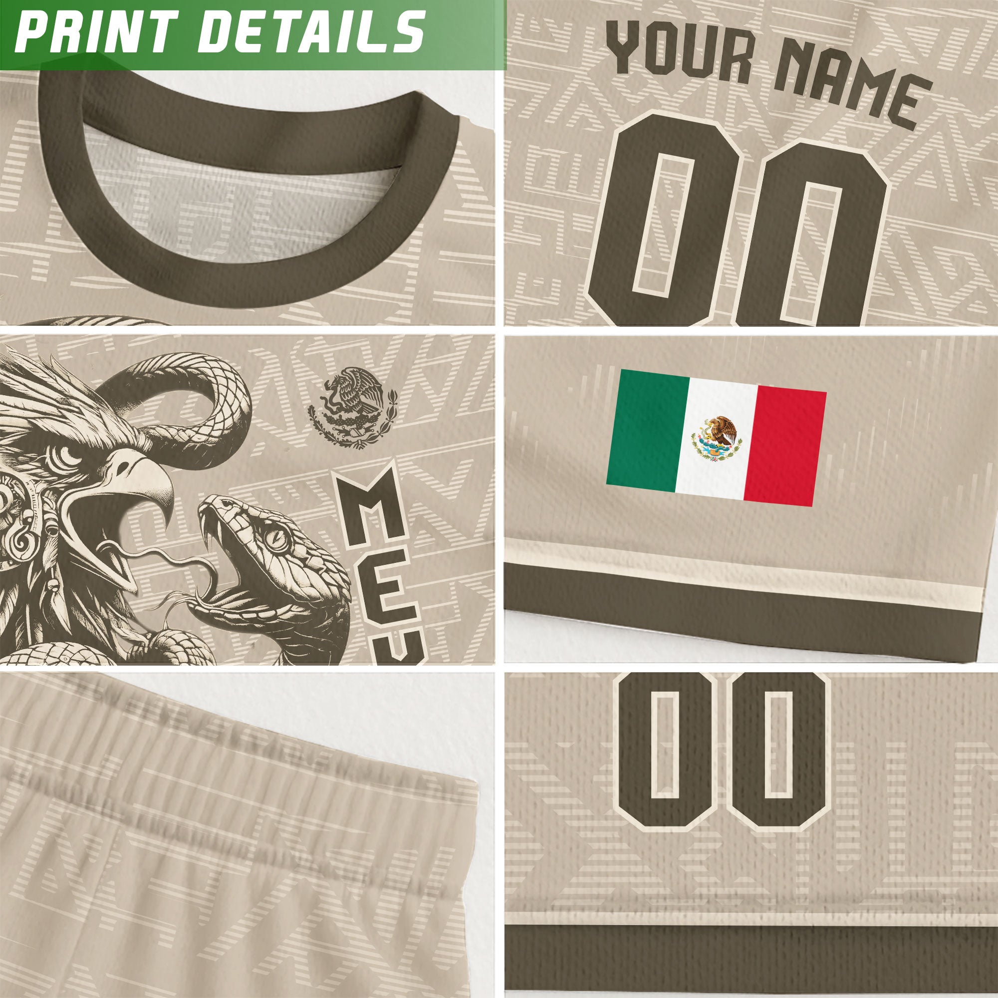 Custom Mexico Kids Soccer Jersey Beige Aztec Eagle & Serpent Heritage Design