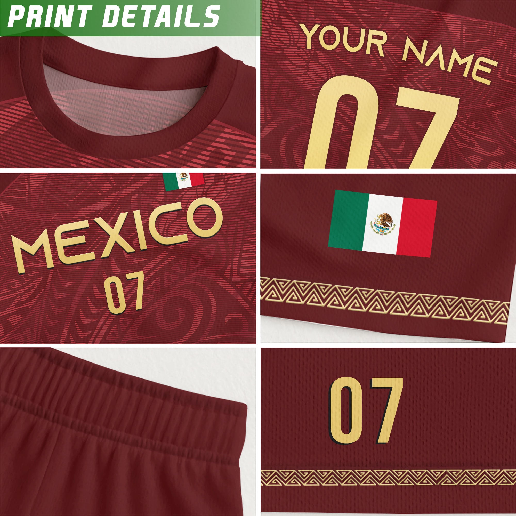 Custom Kids Mexico Soccer Jersey Burgundy Gold Eagle Design