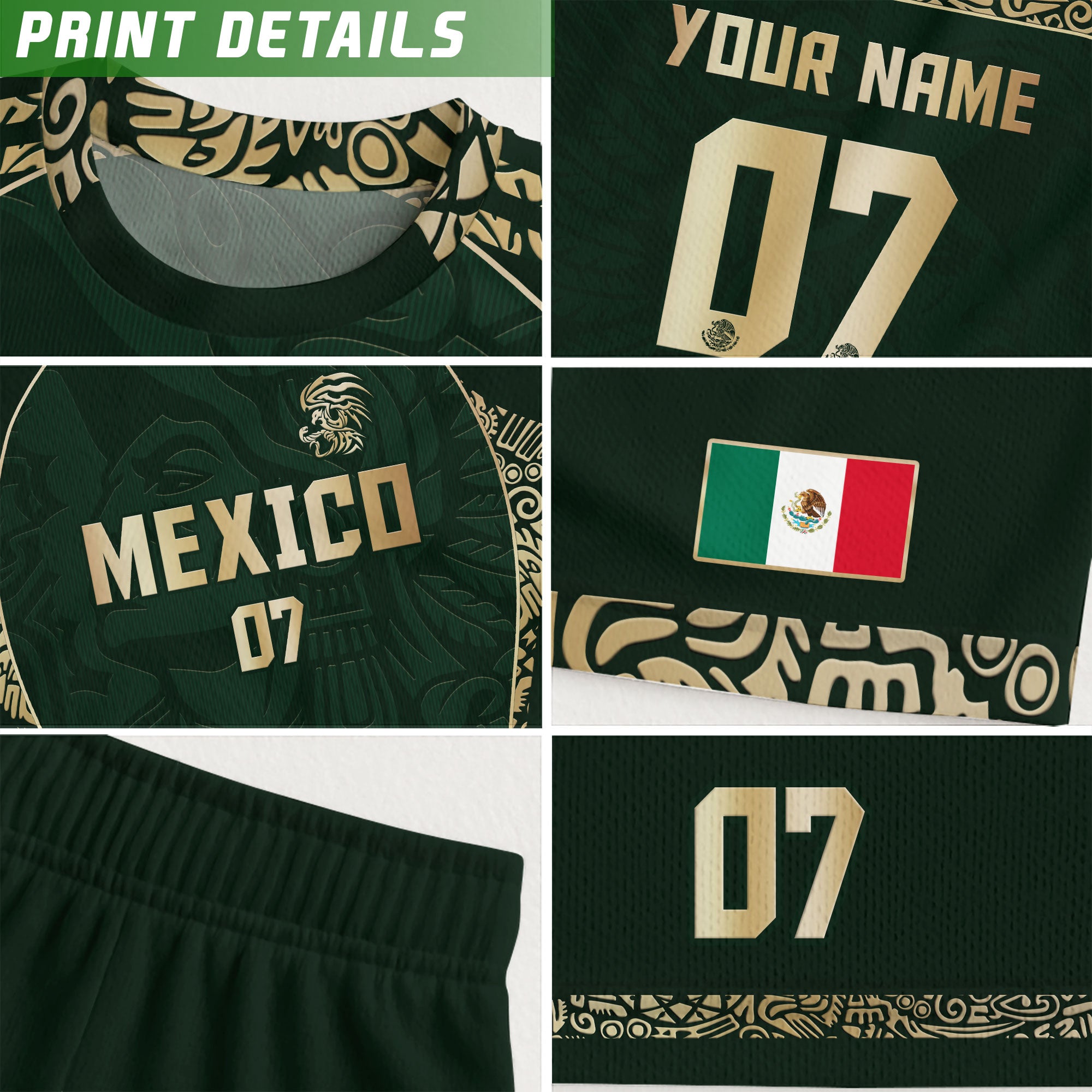 Custom Kids Mexico Soccer Jersey Dark Green Aztec Eagle Design