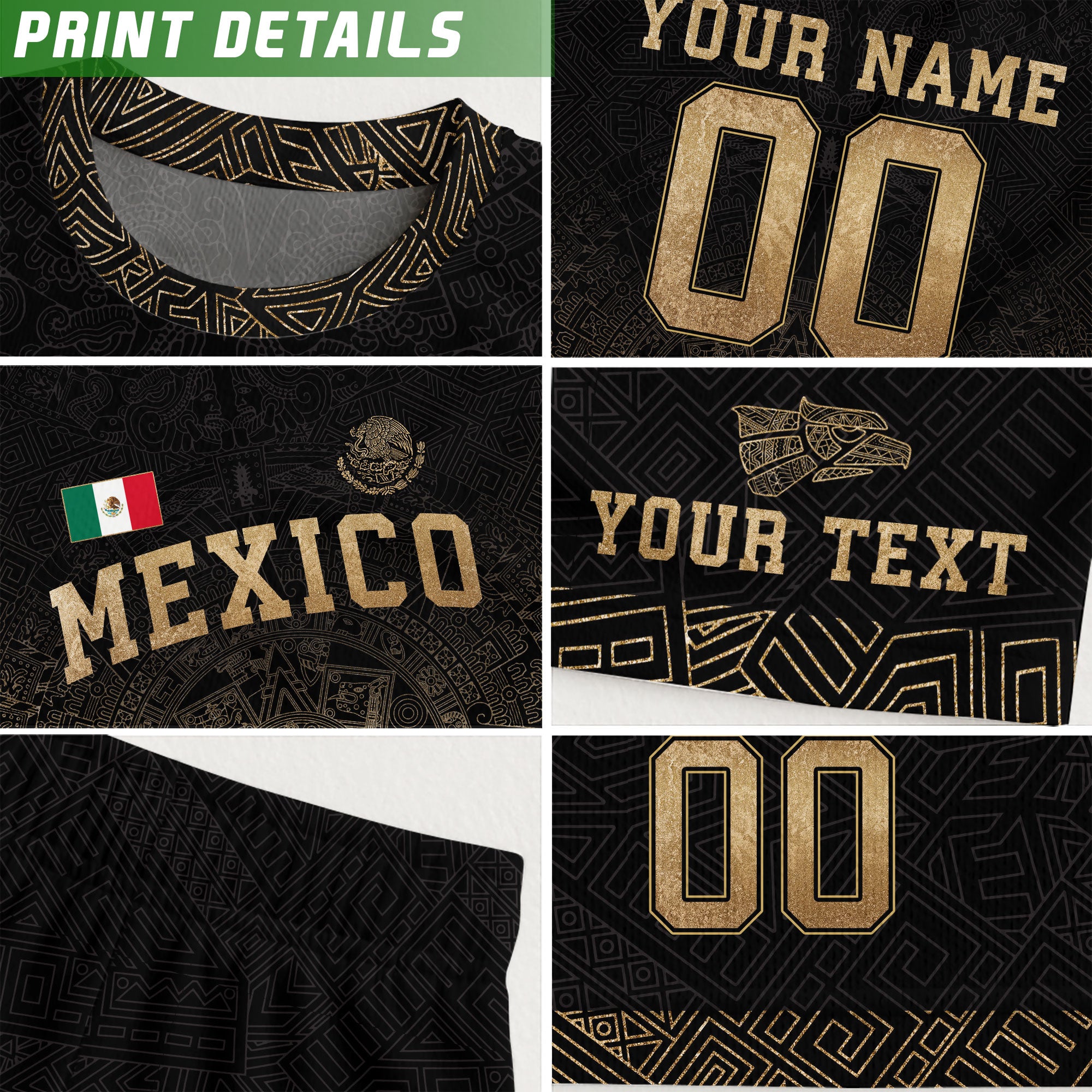 Custom Kids Mexico Soccer Jersey Black Gold Aztec Temple Design