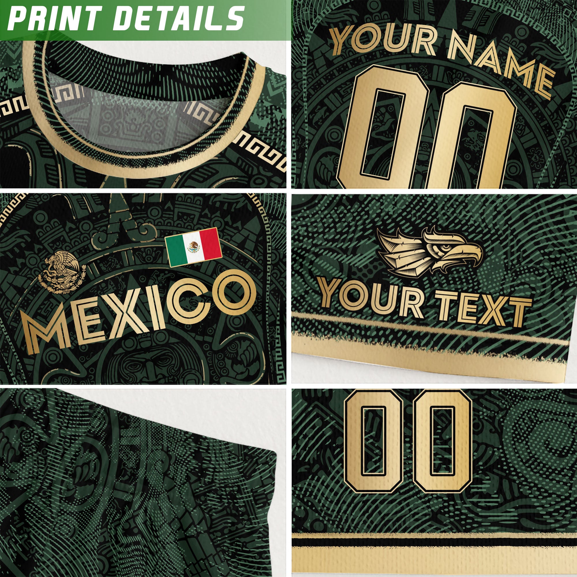 Custom Kids Mexico Soccer Jersey Dark Green Gold Aztec Calendar Design
